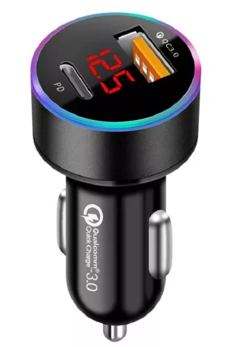Autós töltő + voltmérő - USB + USB-C (PD) - Quick Charge 3.0 - 12-24V