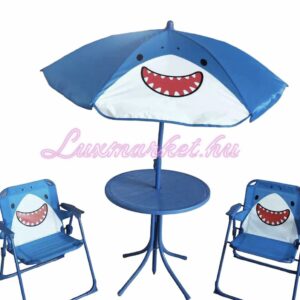 Cápás kerti gyerek bútor szett piknik asztal napernyővel és székekkel