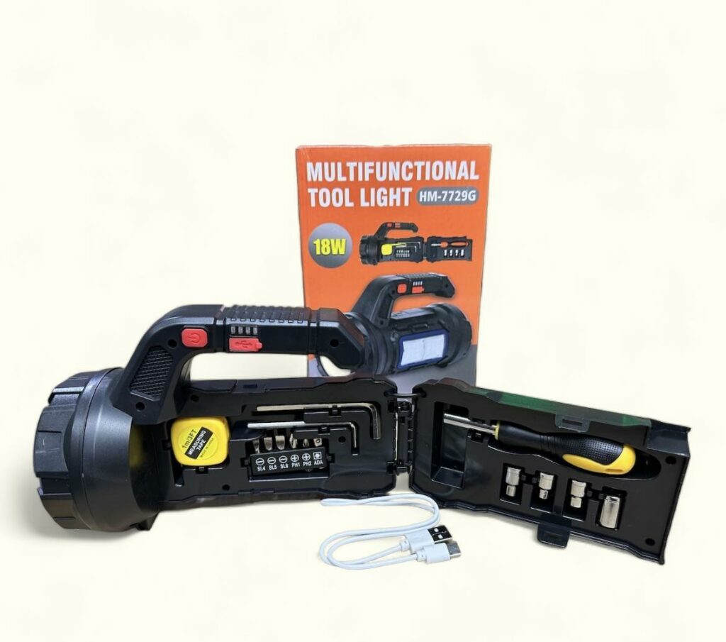 HM-7729G újratölthető keresőlámpa 14 darabos szerszámkészlettel