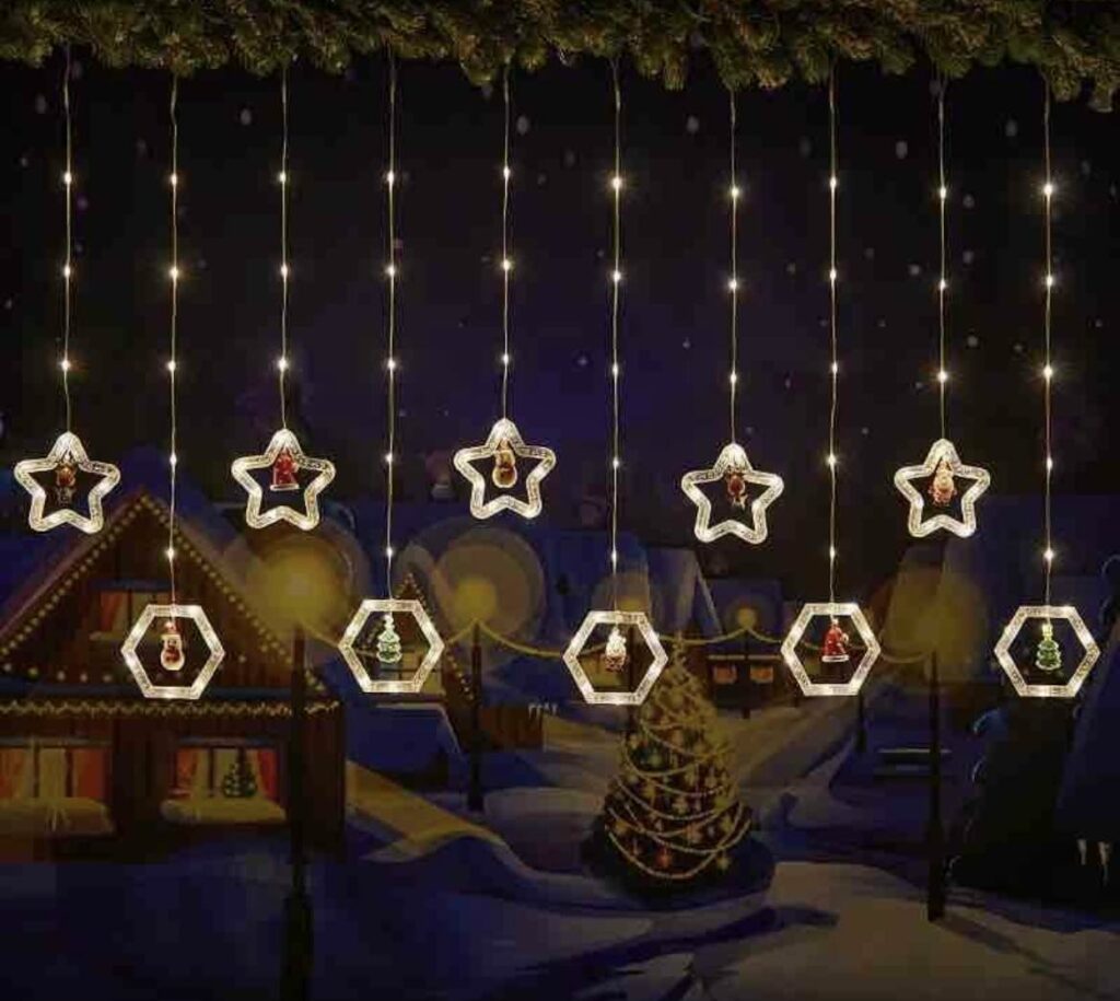 Karácsonyi motívumos LED fényfüzér több színben csillag-hatszög